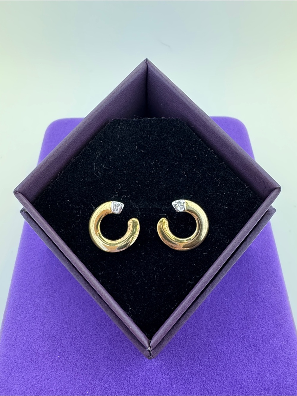 💛 Vintage 10k White & Yellow Gold Diamond Accent Earrings | Crescent Moon
